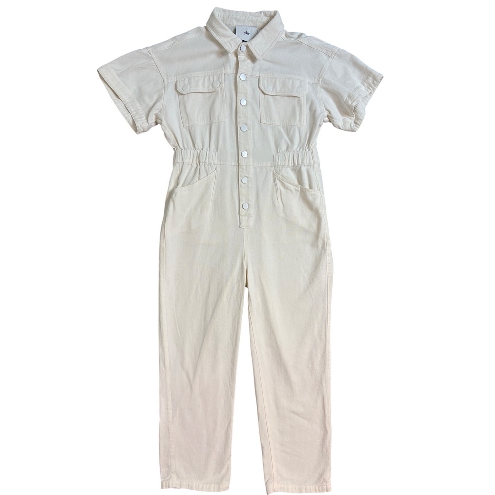 Yllw Cream Denim Jumpsuit Short Sleeve Button Front Elastic Waist Wide Leg Sz L